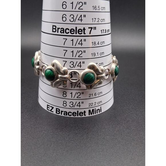 Malachite Link Bracelet, Southwestern, Signed, Mexican, Vintage, Sterling Silver - Picture 4 of 12